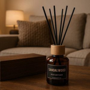 Premium Sandalwood Reed Diffuser Woody Aromatherapy Oil Set Cozy Living Room Fragrance Masculine Home Decor Gift
